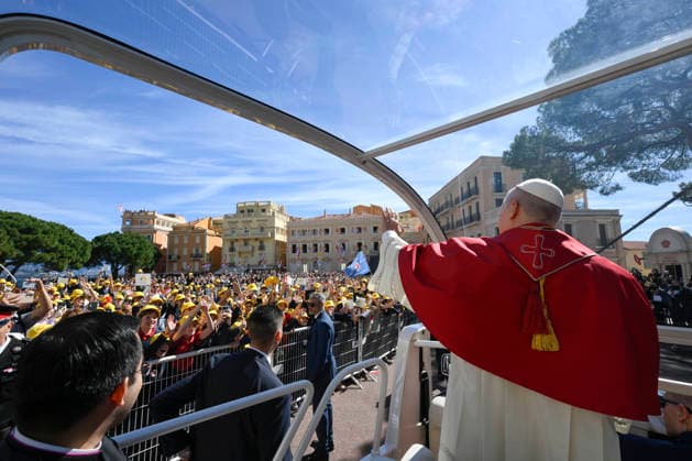 MONCO - POPE LEO XIV DURING HIS APOSTOLIC VISIT TO MONTE CARLO, MONACO- 2026 3 28 Monte Carlo , Monaco , 2026 3 28 Pope Leo XIV adresses members of the catholic community in the Cathedral of the Immaculate Conception in Monte Carlo, Monaco EDITORIAL USE ONLY - NO BOOKS Copyright: xVATICANxMEDIAx