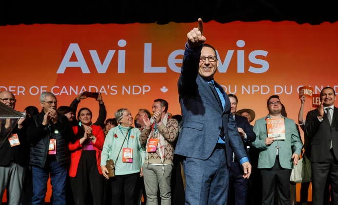 March 29, 2026, Winnipeg, Manitoba, CANADA: Avi Lewis, who was proclaimed as the new leader of the NDP, celebrates at the party convention in Winnipeg Sunday, March 29, 2026. Winnipeg CANADA  - ZUMAc35_ 20260329_zaf_c35_030 Copyright: xJohnxWoodsx