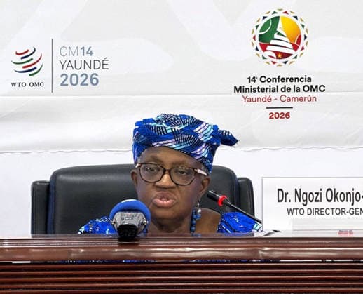 WTO ministerial meeting in Cameroon World Trade Organization Director General Ngozi Okonjo-Iweala speaks during a press conference on the final day of the 14th WTO ministerial meeting in Yaounde, Cameroon, on March 30, 2026.  A14AA0005426907P