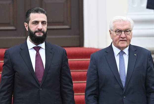 Frank-Walter Steinmeier - Ahmed Sharaa meeting in Berlin BERLIN, GERMANY - MARCH 30: Germany s President Frank-Walter Steinmeier welcomes Syrian President Ahmed Sharaa at the Bellevue Palace on March 30, 2026 in Berlin, Germany. Halil Sagirkaya Anadolu Berlin Germany. Editorial use only. Please get in touch for any other usage.  Copyright: x2026xAnadoluxHalilxSagirkayax