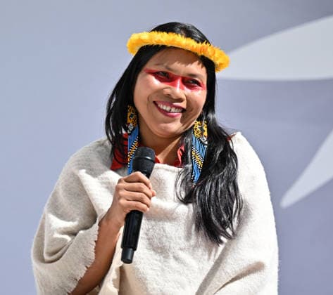 News Bilder des Tages #2 ChangeNOW 2026 meetings in Paris PARIS, FRANCE - MARCH 30: Ceibo Alliance Amazon Frontlines Co-Founder Nemonte Nenquimo, speaks during the ‘ChangeNow 26’ at the Grand Palais in Paris on March 30, 2026. Mustafa Yalcin Anadolu Paris France. Editorial use only. Please get in touch for any other usage.  Copyright: x2026xAnadoluxMustafaxYalcinx