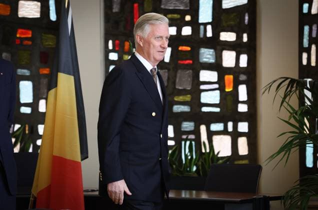 King Philippe - Filip of Belgium pictured during a roundtable discussion on the socioeconomic revitalization of the Centre region (Region du Centre), in La Louviere, Tuesday 31 March 2026.  VIRGINIExLEFOUR 169396117