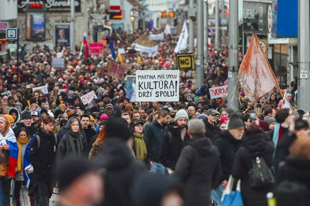 Tens of thousands of protesters march through the center of Bratislava to support the culture platform of the country BRATISLAVA, SLOVAKIA - MARCH 31: Tens of thousands of people march through the center of the capital of Slovakia as part of a protest held by the cultural community titled Great Cultural Mobilization! Like Never Before!, in Bratislava, Slovakia on March 31, 2026. Organizers from the Open Culture platform describe the current state of the culture sector as a crisis, and criticize the Ministry of Culture for failing to fulfil its role for the past two and a half years. The organizers claim that everything the culture sector is meant to protect is deteriorating. In addition, they question the effectiveness of how funds allocat  Copyright: x2026xAnadoluxRobertxNemetix