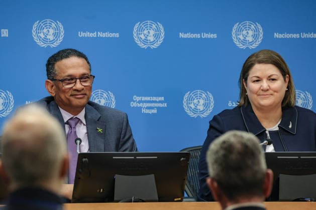 April 1, 2026, New York, New York, USA: CAROLYN SCHWALGER, Permanent Representative of New Zealand to the UN , and BRIAN WALLACE, Permanent Representative of Jamaica, brief reporters on the UN80 initiative and a General Assembly resolution aimed at a more efficient, modern and cost-effective UN, while maintaining that the organisation remains vital to world peace and the only forum where all 193 Member States can meet and discuss global challenges. New York USA  - ZUMAo116 20260401_znp_o116_006 Copyright: xBiancaxOterox