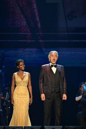 Andrea Bocelli And Andrea Lykke Oehlenschlæger In Concert - Paris Andrea Bocelli, Andrea Lykke Oehlenschlæger performs at the Accor Arena in Paris, France on April 1, 2026. Photo by Christophe Meng ABACAPRESS.COM Paris France  Copyright: xMengxChristophe ABACAx