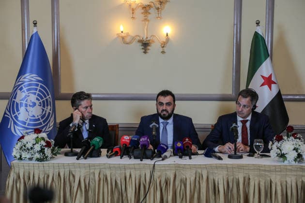Syrian officials and UN leaders outline priorities for reconstruction DAMASCUS, SYRIA - APRIL 2: Qutaiba Qadish (C), Head of the International Cooperation Department of the Syrian Foreign Ministry, Tom Fletcher (L), UN Humanitarian Chief, and Alexander De Croo (R), Director of the UN Development Program, deliver a joint press statement in Damascus, Syria, on April 2, 2026. The officials announced a national framework outlining priorities for the country s recovery, including the reconstruction of vital infrastructure, restoring essential services, strengthening socio-economic resilience, and clearing mines and remnants of war alongside the restructuring of public institutions. Hisam Hac Omer Anadolu Damascus Syria. Editorial use only. Ple  Copyright: x2026xAnadoluxHisamxHacxOmerx