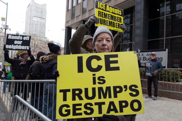 April 2, 2026, New York, New York, USA: Outside 26 Federal Plaza in Manhattan s Civic Center peaceful demonstrators line the sidewalk with placards memorializing those who have died from Immigration and Customs Enforcement (I.C.E.) violence and denouncing the Trump administration s immigration crackdown. People hold signs that read ICE is TRUMP S GESTAPO ICE Agents REMEMBER NUREMBERG Hands off our neighbors at Rise and Resist s weekly silent vigil. New York USA - ZUMAr174 20260402_znp_r174_027 Copyright: xGinaxMxRandazzox