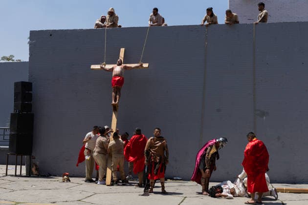 April 3, 2026, Mexico City, Mexico: Inmates reenacted the Passion of Christ during Holy Week 2026 at the East Male Preventive Prison in Mexico City in a performance prepared over months that included the Last Supper, the Stations of the Cross, and the crucifixion. Relatives of the inmates attended the event. Mexico City Mexico - ZUMAl178 20260403_znp_l178_031 Copyright: xCristianxLeyvax
