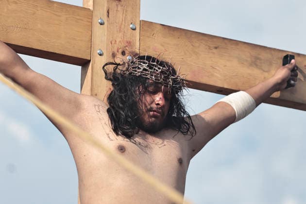 April 3, 2026, Mexico City, Cdmx, Mexico: As part of Holy Week, the Stations of the Cross were held today. According to the Catholic Church, this event commemorates Jesus crucifixion and death after a soldier pierced his side with a spear. The reenactment was performed by residents of the Tenorios area, which belongs to the Iztapalapa borough. Hundreds of people of all ages walked the streets dressed as apostles, wearing crowns of thorns and carrying crosses of varying sizes to ask for favors or give thanks for miracles they prayed to God for and received. The crucifixion of the actors portraying Dismas, Gestas, and Jesus takes place every year in the Tezontle mines located within the Tenorios area. Hundreds of residents gather there to or - ZUMAp204 20260403_zip_p204_051 Copyright: xJosuexPerezx