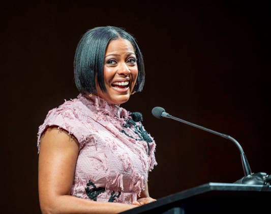 April 4, 2026, Philadelphia, Pennsylvania, United States: TAMRON HALL, American broadcast journalist, television talk show host and author, speaking at the WDAS-FM tenth annual Women Of Excellence Legend award at the luncheon held at the Philadelphia Sheraton Philadelphia United States - ZUMArf1_ 20260404_zaf_rf1_005 Copyright: xRickyxFitchettx