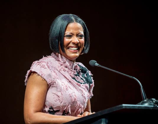April 4, 2026, Philadelphia, Pennsylvania, United States: TAMRON HALL, American broadcast journalist, television talk show host and author, speaking at the WDAS-FM tenth annual Women Of Excellence Legend award at the luncheon held at the Philadelphia Sheraton Philadelphia United States - ZUMArf1_ 20260404_zaf_rf1_006 Copyright: xRickyxFitchettx