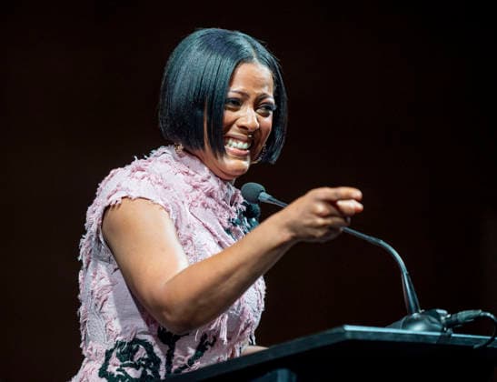 April 4, 2026, Philadelphia, Pennsylvania, United States: TAMRON HALL, American broadcast journalist, television talk show host and author, speaking at the WDAS-FM tenth annual Women Of Excellence Legend award at the luncheon held at the Philadelphia Sheraton Philadelphia United States - ZUMArf1_ 20260404_zaf_rf1_017 Copyright: xRickyxFitchettx