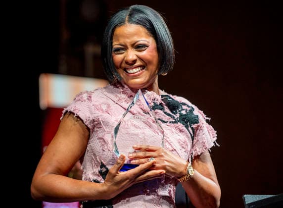 April 4, 2026, Philadelphia, Pennsylvania, United States: TAMRON HALL, American broadcast journalist, television talk show host and author, receives the WDAS-FM tenth annual Women Of Excellence Legend award at the luncheon held at the Philadelphia Sheraton Philadelphia United States - ZUMArf1_ 20260404_zaf_rf1_025 Copyright: xRickyxFitchettx