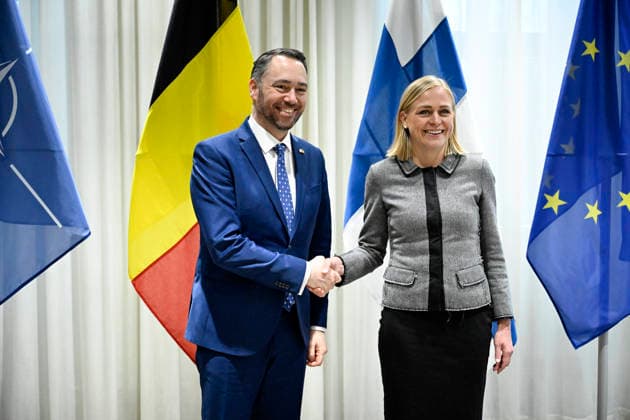 LKS 20260407 Finnish Foreign Minister Elina Valtonen (R) welcomes Belgian Vice-Prime Minister and Minister of Foreign Affairs Maxime Prevot in Helsinki, Finland, on April 7, 2026. - RONI REKOMAA Helsinki Finland  Copyright: xRonixRekomaax gKZtUtqEq6c