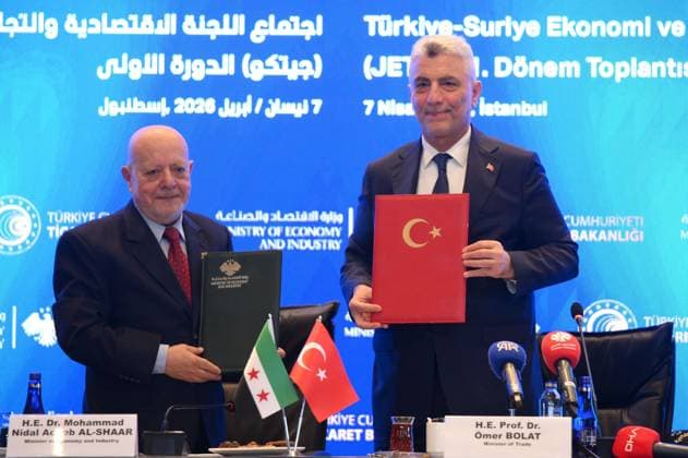 Turkiye-Syria Joint Economic and Trade Commission meeting in Istanbul ISTANBUL, TURKIYE - APRIL 07: Turkish Minister of Trade Omer Bolat (R) and Syrian Minister for Economy and Trade, Mohammad Nidal al-Shaar (L) attend the meeting of Turkiye-Syria Joint Economic and Trade Commission (JETCO) in Istanbul, Turkiye on April 07, 2026. Arif Hudaverdi Yaman Anadolu Istanbul Turkey. Editorial use only. Please get in touch for any other usage.  Copyright: x2026xAnadoluxArifxHudaverdixYamanx