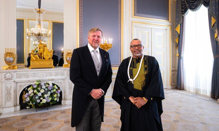 08-04-2026 Palace King Willem-Alexander during the credentials (geloofsbrieven) of the Ambassador of the Republic of Liberia, His Excellency J. Levi Demmah, at palace Noordeinde in The Hague. Â  Copyright: xPPEx