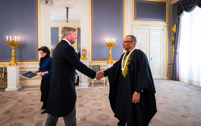 08-04-2026 Palace King Willem-Alexander during the credentials (geloofsbrieven) of the Ambassador of the Republic of Liberia, His Excellency J. Levi Demmah, at palace Noordeinde in The Hague. Â  Copyright: xPPEx