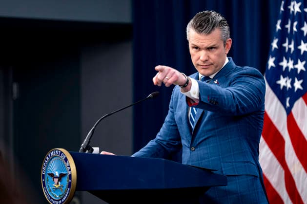 Secretary of Defense Pete Hegseth takes questions during a press briefing at the Pentagon in Arlington, Virginia on Wednesday, April 8, 2026. Yesterday, the United States and Iran agreed to a two-week ceasefire, with the U.S. suspending bombing in Iran for two weeks if the country reopens the Straight of Hormuz.  ARL20260408325 BONNIExCASH