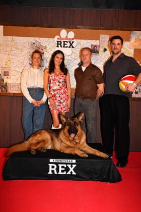 Marie Burchard, Doris Golpashin, Rex, Maximilian Brueckner and Ferdinand Seebacher at the Commissioner Rex SAT1 premiere on 8 04 2026 in the Astor Film Lounge in the ARRI cinema in Munich Premiere in Munich Commissioner Rex barks again on TV on Sat 1