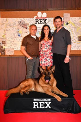 Maximilian Brueckner, Doris Golpashin, Rex and Ferdinand Seebacher at the Commissioner Rex SAT1 premiere on 8 04 2026 in the Astor Film Lounge at the ARRI cinema in Munich Premiere in Munich Commissioner Rex barks again on Sat 1 TV