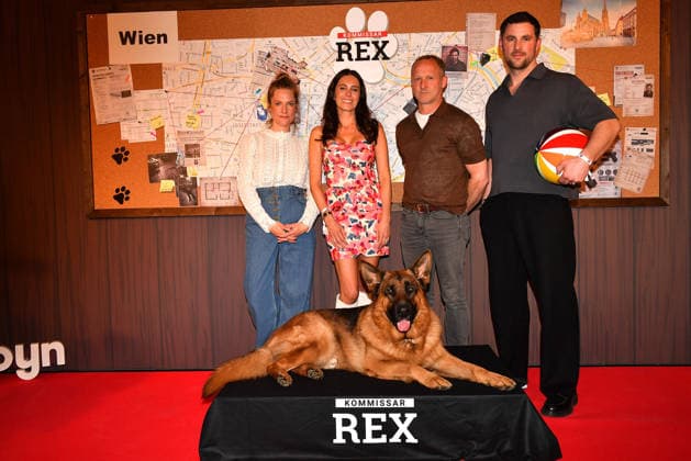 Marie Burchard, Doris Golpashin, Rex, Maximilian Brueckner and Ferdinand Seebacher arrive at the Kommissar Rex Season Premiere at Astor Film Lounge on April 8, 2026 in Munich, Germany Kommissar Rex Season Premiere in Munich, Germany