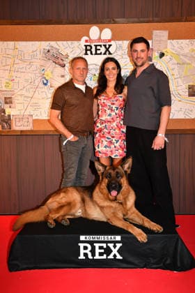 Maximilian Brueckner, Doris Golpashin, Rex and Ferdinand Seebacher arrive at the Kommissar Rex Season Premiere at Astor Film Lounge on April 8, 2026 in Munich, Germany Kommissar Rex Season Premiere in Munich, Germany