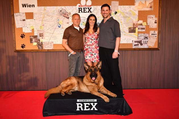 Maximilian Brueckner, Doris Golpashin, Rex and Ferdinand Seebacher arrive at the Kommissar Rex Season Premiere at Astor Film Lounge on April 8, 2026 in Munich, Germany Kommissar Rex Season Premiere in Munich, Germany
