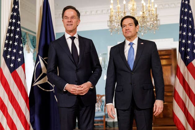 NATO Secretary General Mark Rutte (L) meets U.S. Secretary of State Marco Rubio at the State Department in Washington on April 8, 2026. Rutte is also scheduled to meet President Donald Trump later today at the White House.  WSH2026040803 NATO