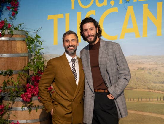 Marco Calvani and Lorenzo de Moor arrive on the red carpet at the premiere of You, Me & Tuscany at Jazz at Lincoln Center on Wednesday, April 8, 2026 in New York City.  NYP20260408525 SERENAxXUxNING