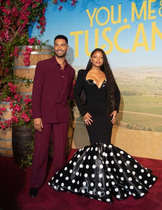 Regé-Jean Page and Halle Bailey arrive on the red carpet at the premiere of You, Me & Tuscany at Jazz at Lincoln Center on Wednesday, April 8, 2026 in New York City.  NYP20260408532 SERENAxXUxNING