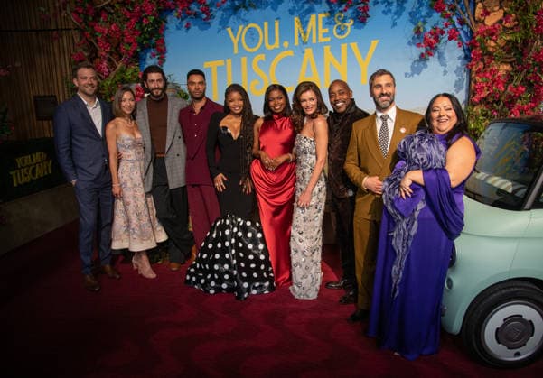 Ryan Engle, Kristin N. Engle, Lorenzo de Moor, Regé-Jean Page, Halle Bailey, Aziza Scott, Kat Coiro, Will Packer, Marco Calvani and Stella Pecollo arrive on the red carpet at the premiere of You, Me & Tuscany at Jazz at Lincoln Center on Wednesday, April 8, 2026 in New York City.  NYP20260408534 SERENAxXUxNING