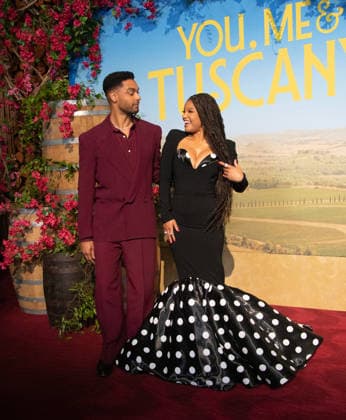 Regé-Jean Page and Halle Bailey arrive on the red carpet at the premiere of You, Me & Tuscany at Jazz at Lincoln Center on Wednesday, April 8, 2026 in New York City.  NYP20260408533 SERENAxXUxNING