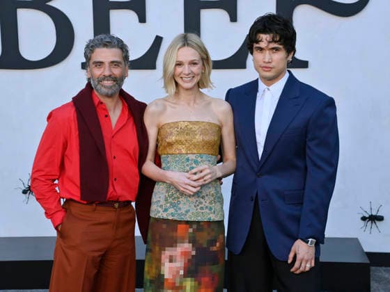 Cast members Oscar Isaac, Carey Mulligan and Charles Melton (L-R) attend Netflix s dark comedy TV series Beef at the Egyptian Theatre in the Hollywood section of Los Angeles on Wednesday, April 9, 2026. Storyline: Road rage ensues after a parking-lot incident, resulting in a bitter feud between the two antagonists. The vendetta between them and the lengths they ll go to in order to wreak revenge on each other spirals out of control, jeopardizing everything and everyone in their lives.  LAP2026040907 JIMxRUYMEN