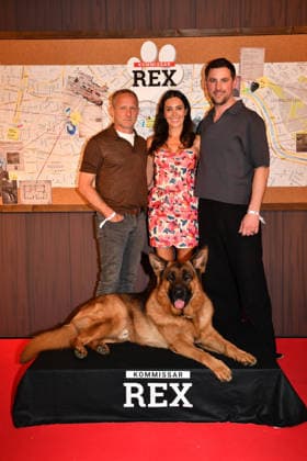 Maximilian Brückner, Doris Golpashin and Ferdinand Seebach Commissioner Rex Photocall Astor Lounge Munich 08 April 2026