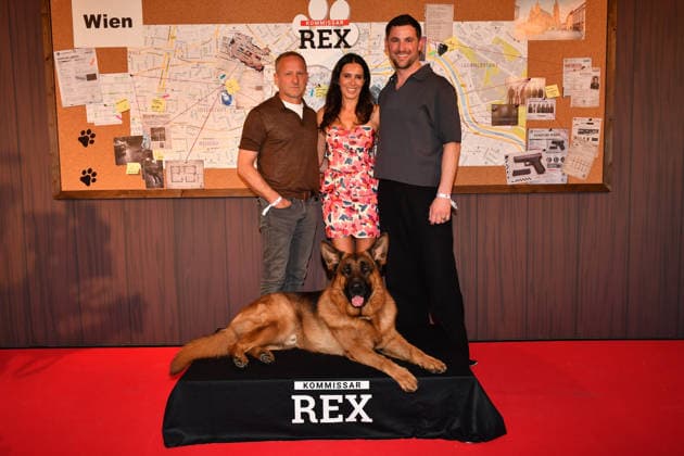 Maximilian Brückner, Doris Golpashin and Ferdinand Seebach Commissioner Rex Photocall Astor Lounge Munich 08 April 2026
