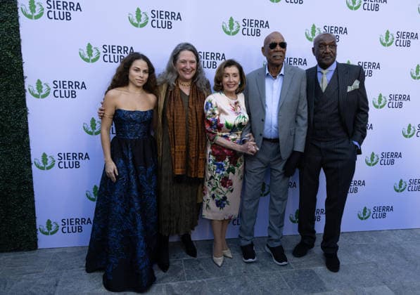 April 8, 2026, Los Angeles, California, USA: American, Gen Z eco-activist SAGE LENIER, 25; Executive Director of Sierra Club LAUREN BLACKFORD; Movie Star MORGAN FREEMAN, 88, and Former Speaker of the House NANCY PELOSI, 86, and Sinnerâ€⠢s Actor DELROY LINDO, pose together on the Red Carpet at the Skirball Cultural Center in Los Angeles, California before the Sierra Club Trailblazerâ€⠢s Ball. LENIER will receive the Sierraâ€⠢s Clubâ€⠢s Trail Blazer Award, PELOSI the Lifetime Achievement Award and FREEMAN the Visionary Award. Los Angeles USA - ZUMAk144 20260408_znp_k144_042 Copyright: xAmyxKatzx