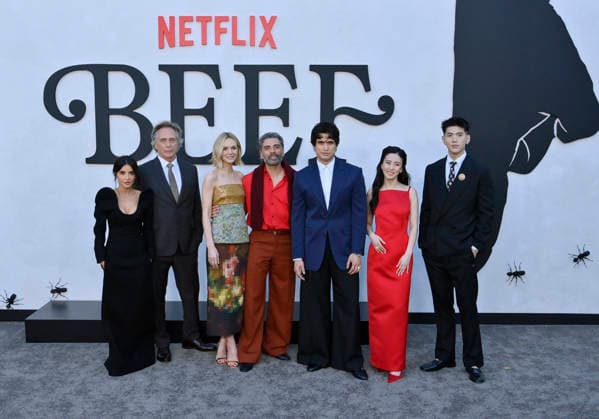 Cast members Mikaela Hoover, William Fichtner, Carey Mulligan, Oscar Isaac, Charles Melton, Seoyeon Jang and Matthew Kim (L-R) attend Netflix s dark comedy TV series Beef at the Egyptian Theatre in the Hollywood section of Los Angeles on Wednesday, April 8, 2026. Storyline: Road rage ensues after a parking-lot incident, resulting in a bitter feud between the two antagonists. The vendetta between them and the lengths they ll go to in order to wreak revenge on each other spirals out of control, jeopardizing everything and everyone in their lives.  LAP2026040823 JIMxRUYMEN