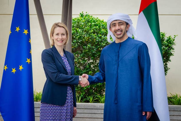 (260409) -- ABU DHABI, April 9, 2026 -- United Arab Emirates (UAE) Deputy Prime Minister and Minister of Foreign Affairs Sheikh Abdullah bin Zayed Al Nahyan (R) meets with the European Union s High Representative for Foreign Affairs and Security Policy Kaja Kallas to discuss bilateral ties and regional developments, in Abu Dhabi, United Arab Emirates, on April 9, 2026. (WAM Handout via Xinhua) UAE-ABU DHABI-EU-KALLAS-MEETING WenxXinnian 
