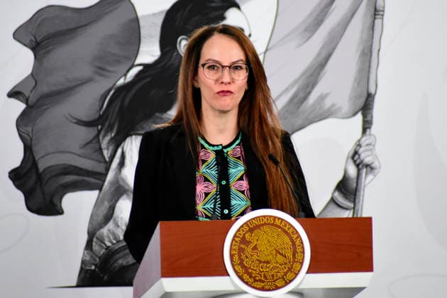Mexico™s President Claudia Sheinbaum Holds Briefing Towards FIFA World Cup Gabriela Cuevas Barron, Coordinator of the Federal Government s Work for the 2026 FIFA World Cup speaks during a news conference about the social benefits of the Social World Cup ahead the 2026 FIFA World Cup, at the National Palace. on April 10, 2026 in Mexico City, Mexico. (Photo by Luis Barron Eyepix Group) Copyright: xLuisxBarronx xEyepixxGroupx LB_10042026_180353