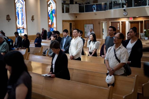 April 10, 2026, Bc, CANADA: People pray during a Lapu-Lapu day festival tragedy commemoration memorial mass at St. Andrew s Parish in Vancouver, on Friday April 10, 2026. CANADA  - ZUMAc35_ 20260410_zaf_c35_046 Copyright: xEthanxCairnsx