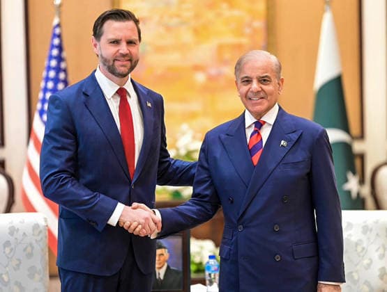 Pakistan s Prime Minister Shehbaz Sharif (R) shaking hands with US Vice President JD Vance during their meeting prior to the US-Iran peace talks in Islamabad in Pakistan, on Saturday on April 11, 2026. An Iranian government delegation met Pakistan s prime minister on April 11 to discuss the terms of planned negotiations to end the Middle East war with a US party led by Vice President JD Vance.  PAK2026041105 PakistanxPrimexMinister sxOffice