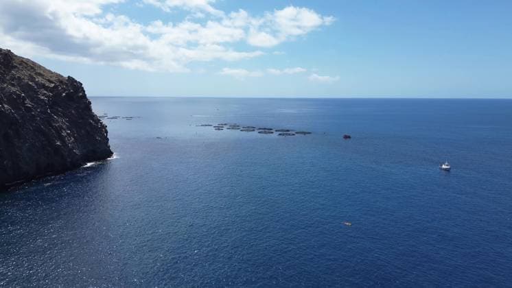 Küstenlinie des Atlantic Ocean mit Fischfarmen und einem Boot an einem sonnigen Tag *** Coastline of Atlantic Ocean with Fish farms and a Boat to a sunny Day 1127164958