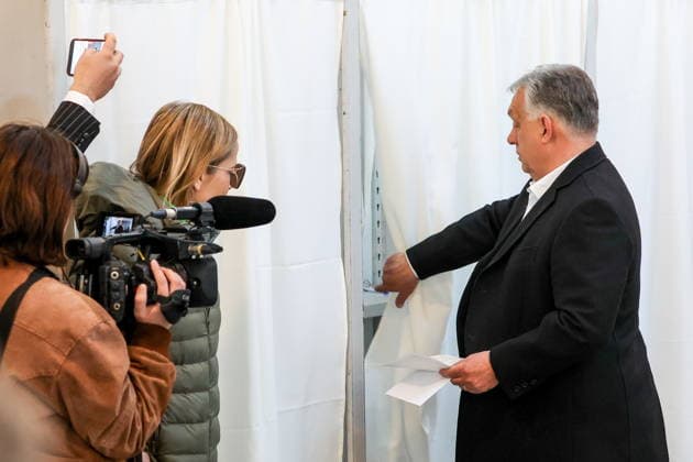 HUNGARY, BUDAPEST - APRIL 12, 2026: Viktor Orban, Prime Minister of Hungary, enters a voting booth at a polling station during the 2026 election to the National Assembly of Hungary. Alexander Ryumin TASS  91167925