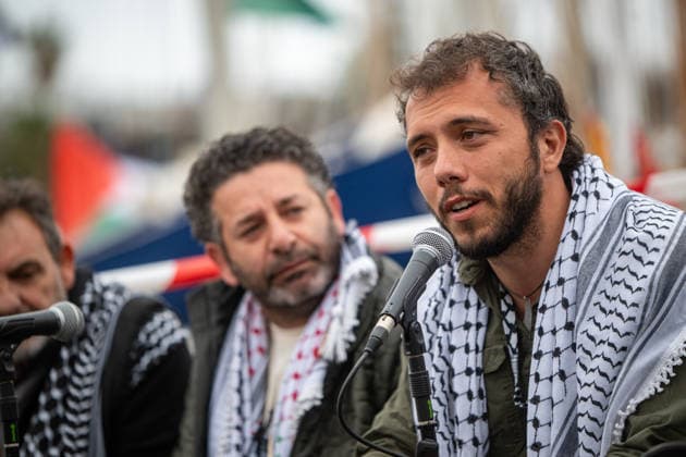 GSF Global Sumud Flotilla press conference before leaving for Gaza GSF directors, Saif Abukeshek and Thiago Avila, during the press conference of the GSF Global Sumud Flotilla before leaving for Gaza, on April 12, 2026, in Barcelona, Catalonia Spain The purpose and objectives of the mission, the structure of the flotilla, the planned route to Gaza, the humanitarian and legal keys and how the global mobilization by land and sea will be coordinated, the planned route to Gaza, the humanitarian and legal keys and how the global mobilization by land and sea will be coordinated. There is a possibility that other ships will join the flotilla along the way and that it will be an expanded flotilla of up to 80-100 vessels from various countries 12 A  Copyright: xLorenaxSopÃªnax 7432753
