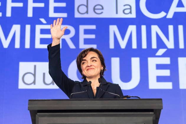 April 12, 2026, Drummondville, Pq, CANADA: CAQ premier-elect Christine Frechette celebrates while giving remarks after winning the CAQ leadership race, in Drummondville, Que., on Sunday, April 12, 2026. Drummondville CANADA  - ZUMAc35_ 20260412_zaf_c35_034 Copyright: xChristopherxKatsarovx
