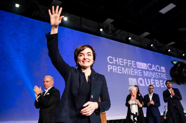 April 12, 2026, Drummondville, Pq, CANADA: CAQ premier-elect Christine Frechette celebrates while giving remarks after winning the CAQ leadership race, in Drummondville, Que., on Sunday, April 12, 2026. Drummondville CANADA  - ZUMAc35_ 20260412_zaf_c35_036 Copyright: xChristopherxKatsarovx