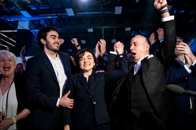 April 12, 2026, Drummondville, Pq, CANADA: CAQ leader and premier-elect Christine Frechette celebrates with her son Olivier Rebello, left, and husband Guy Nadeau, after winning the CAQ leadership race, in Drummondville, Que., on Sunday, April 12, 2026. Drummondville CANADA - ZUMAc35_ 20260412_zaf_c35_041 Copyright: xChristopherxKatsarovx