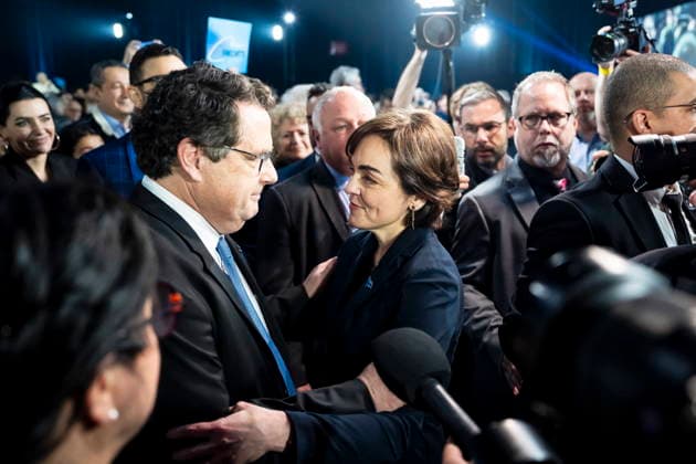 April 12, 2026, Drummondville, Pq, CANADA: CAQ leader and premier-elect Christine Frechette speaks with CAQ leadership candidate Bernard Drainville after winning the CAQ leadership race, in Drummondville, Que., on Sunday, April 12, 2026. Drummondville CANADA  - ZUMAc35_ 20260412_zaf_c35_043 Copyright: xChristopherxKatsarovx