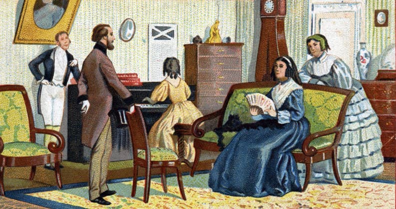Alfred de Musset (1810-1857) at the home of George Sand (Aurore Dupin, Baroness Dudevant) (1804-1876). Chromolithograph, circa 1890. RECORD DATE NOT STATED *** Alfred de Musset 1810 1857 at the home of George Sand Aurore Dupin, Baroness Dudevant 1804 1876 Chromolithograph, circa 1890 RECORD DATE NOT STATED  Copyright: x HJL Opale.photox