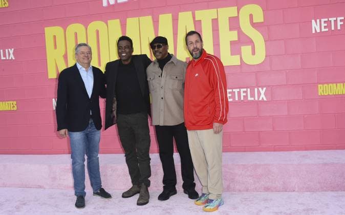 Ted Sarandos, Chris Rock, Eddie Murphy, Adam Sandler at arrivals for ROOMMATES Premiere, The Egyptian Theatre Hollywood, Los Angeles, CA, April 13, 2026. Photo By: Elizabeth Goodenough Everett Collection ROOMMATES Premiere PUBLICATIONXNOTxINxCANxCHNxFRAxITAxJPNxNORxPOLxRUSxESPxUKxUSA